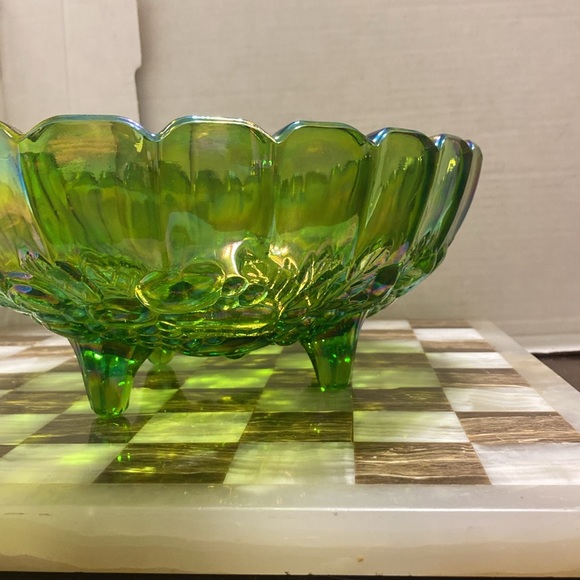 Vintage 1970s Indiana Harvest Iridescent Green Carnival Glass Oval Center Bowl - Picture 8 of 12